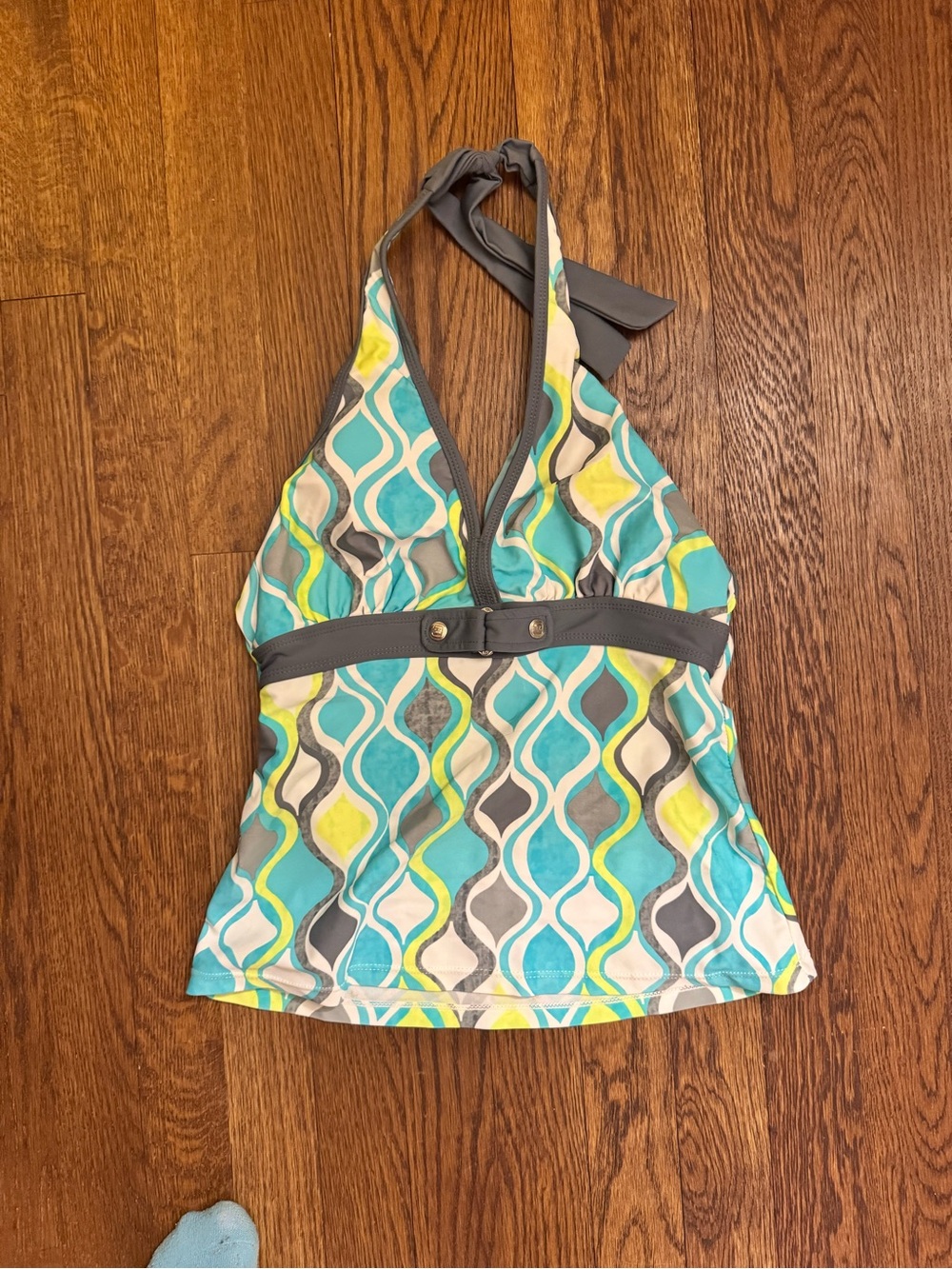 Free Country Teal, Yellow & Gray Geometric Halter One-Piece Swim Top